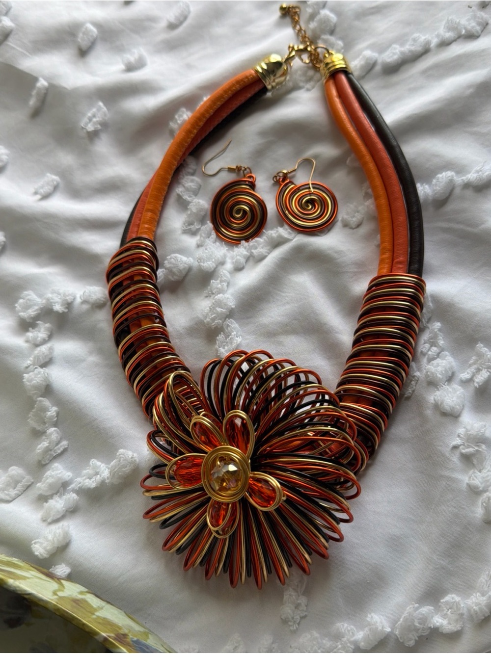 Orange & Black Floral Statement Necklace with Gold Accents